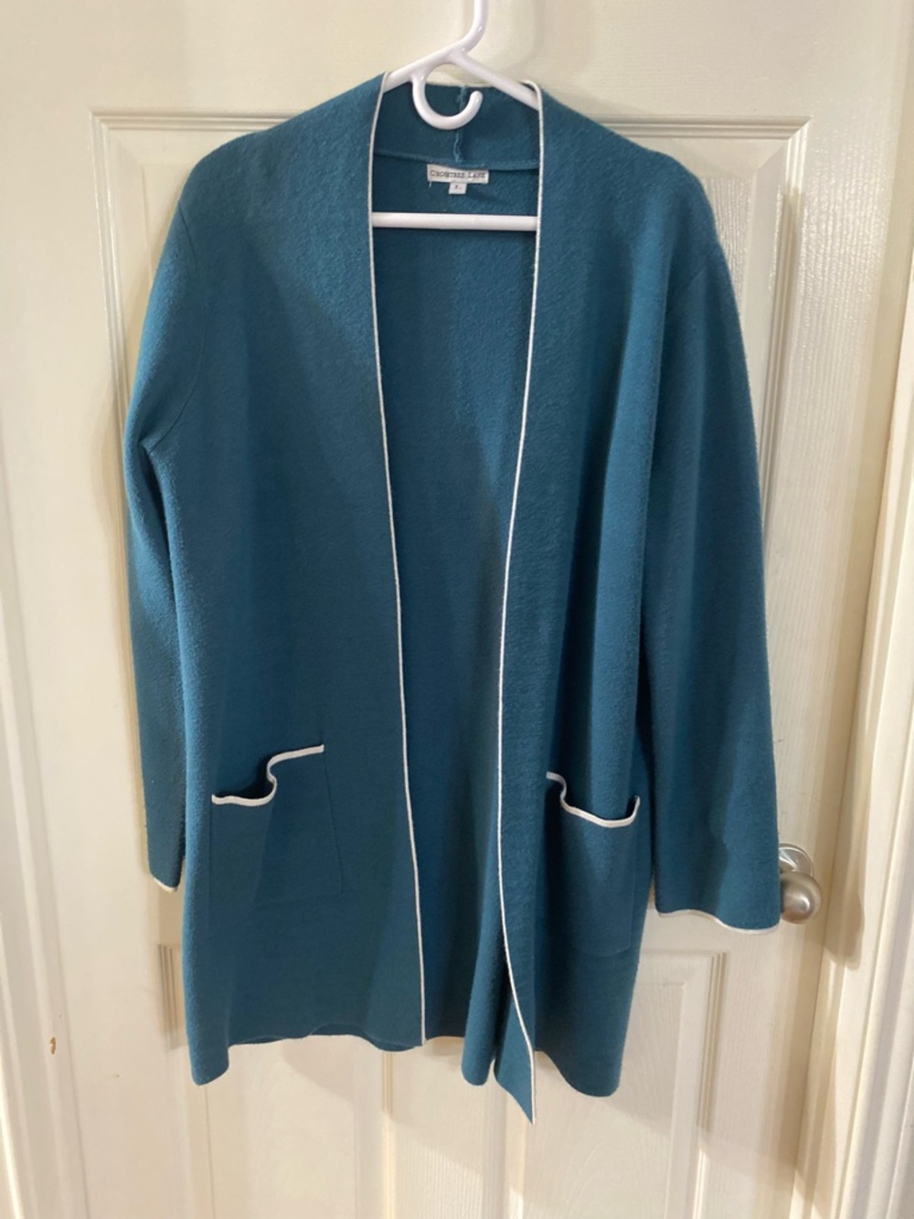 Crosstree Lane Teal Open-Front Cardigan with White Trim